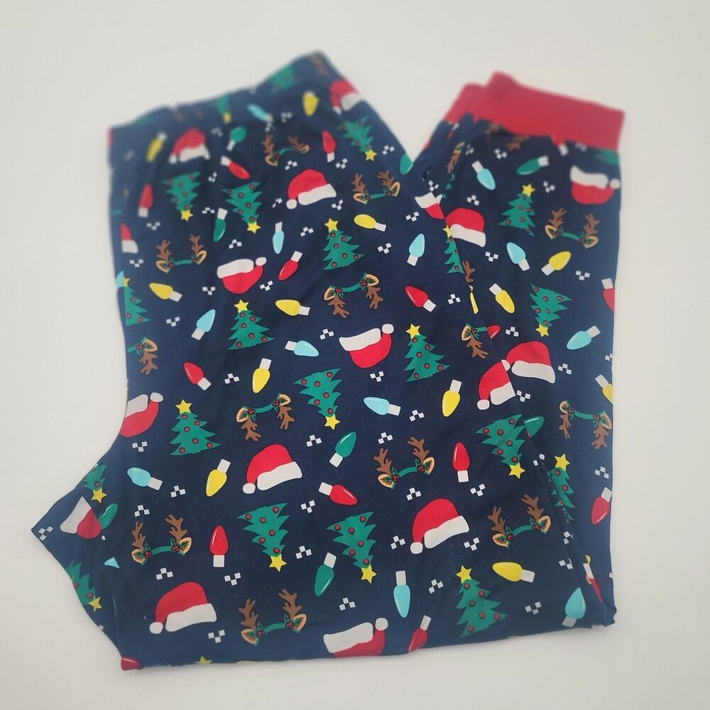 Holiday Time Women's Plus 2X Christmas Pajama Pants Navy Blue Santa Tree Lights